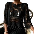 thumbnail image 1 of Karymi Summer Tops Boho Beach Crochet Hollow Out 3/4 Bell Sleeve Cover Up Top, Scalloped Neck Tassel Fringe Knit Shrug, Sheer Crochet Pullover Cardigan Summer Tops, 1 of 6