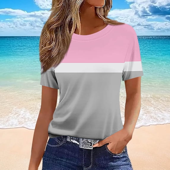 Karymi Summer Tops Horizontal Color Block T-Shirt, Crew Neck Regular Short Sleeve Striped Loose Straight Pullover Tee Short Sleeve Shirts for Women