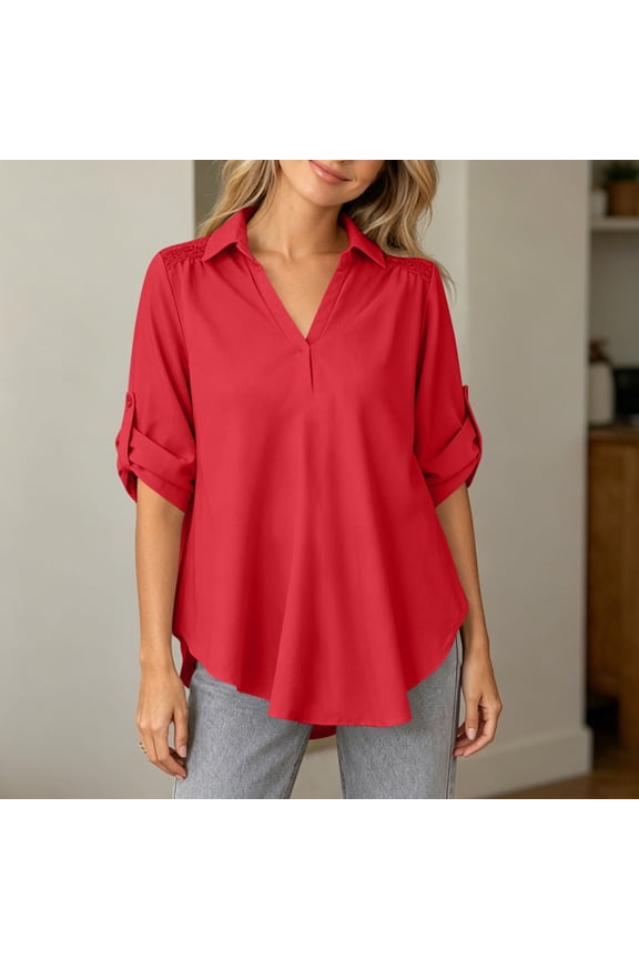 Summer Tops Lapel V Neck Lace Shoulder Roll Tab 3/4 Sleeve Linen Blend Blouse, Loose Plus Size Solid Tunic Top Womens Blouses