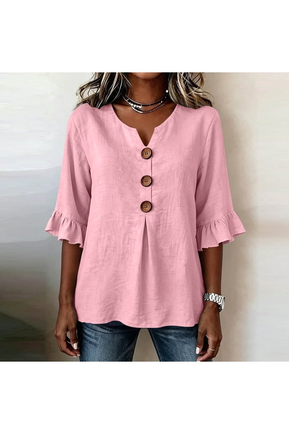 Summer Tops Notched V‑Neck Wooden Button Elbow Ruffle Flare Sleeve Blouse, Solid Crinkled Textured Casual Top, Curved‑Hem Summer Shirt Workout Tops for Women