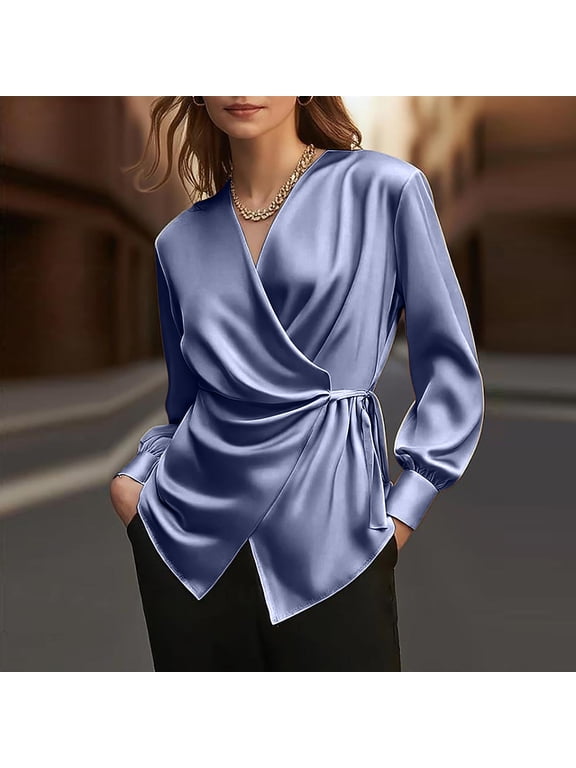 Summer Tops Satin Long Sleeve Wrap V Neck Side Tie Waist Blouse, Cuff Sleeve Elegant Business Casual Solid Shirt Top T Shirts for Women