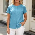 thumbnail image 1 of Karymi Summer Tops Solid Crew Neck Short Sleeve Button Down Blouse, Raglan Pleated Shoulder Casual Shirt, Lightweight Pullover Top Womens Tops Dressy Casual, 1 of 7