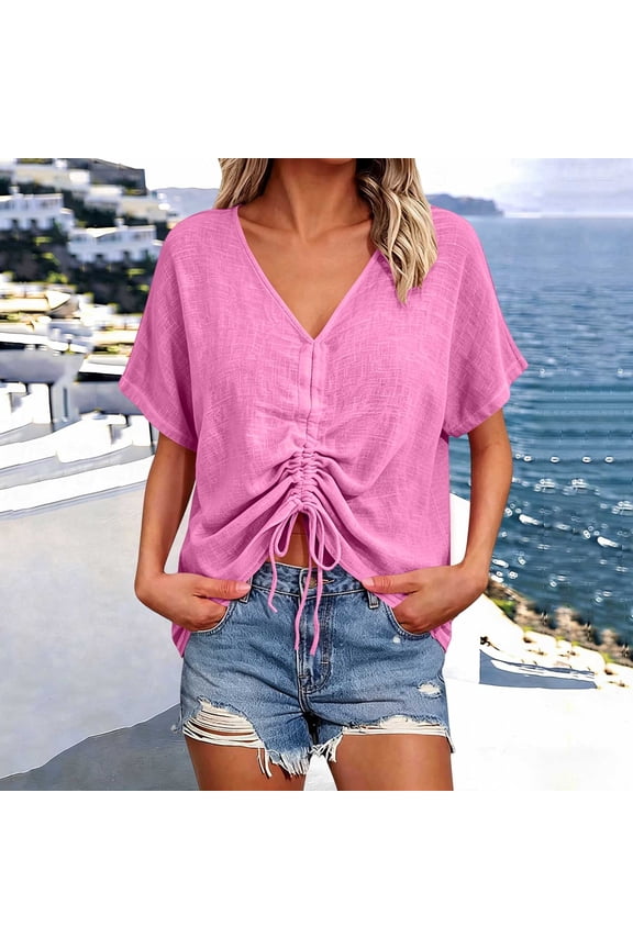 Summer Tops Solid Linen Drawstring Ruched Blouse, V Neck Dolman Cap Short Sleeve Front Adjustable Tie Crop Pullover Shirt Going Out Tops for Women