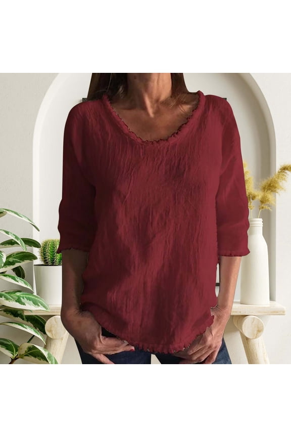 Summer Tops Solid Round Neck Fringe Trim Three Quarter Sleeve Blouse, Crinkled Textured Loose Fit Tops, Raw Edge Frayed Hem Shirts Summer Tops
