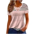 thumbnail image 1 of Karymi Summer Tops Striped Short Sleeve T‑Shirt, Crisscross Cutout V‑Neck Casual Tee Top, Hollow‑Out Neckline Casual Basic Top, Versatile for Daily Outings Womens Blouses, 1 of 5