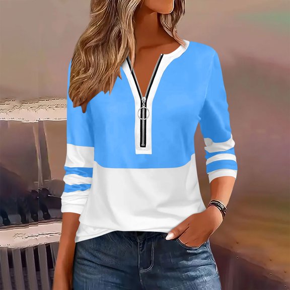 Karymi Summer Tops for Women 2026 Color Block Half Zip Long Sleeve T Shirts, Round Neck O-Ring Zipper Placket Striped Cuff Patchwork Blouse Tops, Pullover Tees Womens Blouses