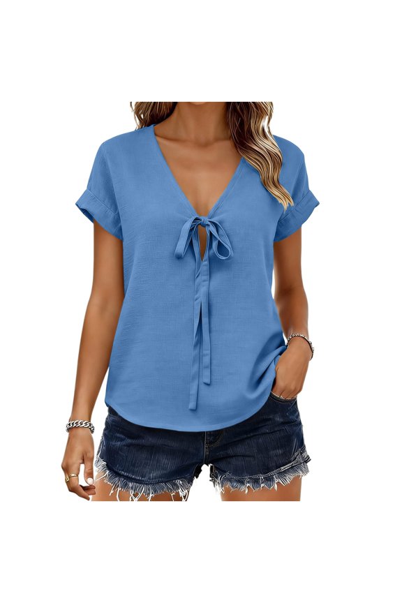 Summer Tops for Women 2026 Cutout Solid V Neck Front Tie Knot Rolled Short Sleeve Blouse, Loose Fit Fake Linen Cotton Blend Textured Casual Summer Top Tops for Women Trendy