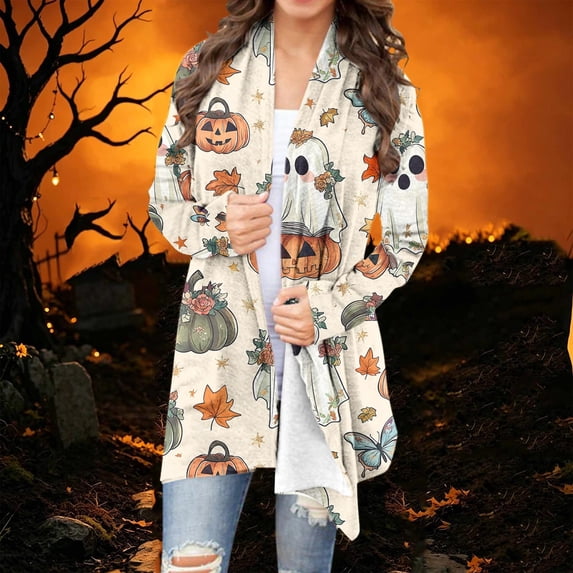 Karymi Summer Tops for Women 2026 Halloween All Over Print Open Front Cardigan, Long Sleeve Draped Hem Casual Jacket, Spooky Loose Fit Winter Outerwear with Pockets Tops for Women Trendy