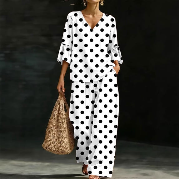 Karymi Summer Tops for Women 2026 Polka Dot 2 Piece Set, V Neck Three Quarter Sleeve Loose Top & Wide Leg Long Pants with Side Pocket, Casual Matching Co-ord Rompers for Women