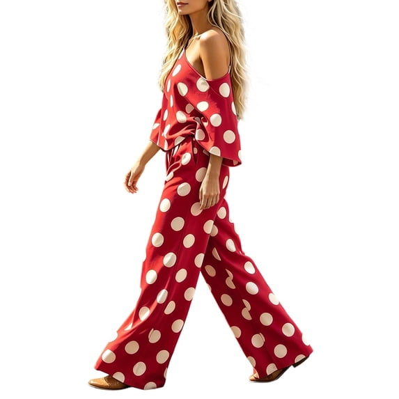 Karymi Summer Tops for Women 2026 Polka Dot Print 2 Piece Outfit Set, One Shoulder Cold Shoulder Batwing Short Sleeve Crop Top, High Waist Pleated Wide Leg Long Pants 2 Piece Sets for Women
