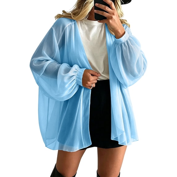 Karymi Summer Tops for Women 2026 Sheer Chiffon Cardigan, Oversized Lantern Long Sleeve Lightweight Beach Bikini Cover Up Open Front Top Going Out Tops for Women