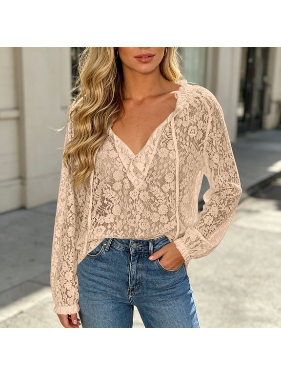 Summer Tops for Women 2026 Solid Wrap V Neck Tie String Floral Sheer Lace Blouse, Ruffled Elastic Collar Long Puff Sleeve Hollow Out See Through Top Blouses for Women Dressy Casual