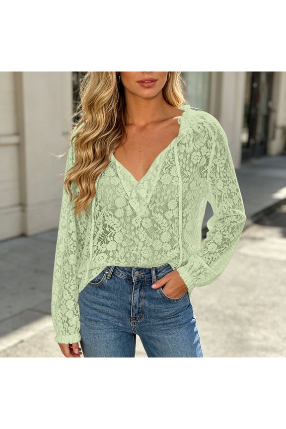 Summer Tops for Women 2026 Solid Wrap V Neck Tie String Floral Sheer Lace Blouse, Ruffled Elastic Collar Long Puff Sleeve Hollow Out See Through Top Womens Summer Tops