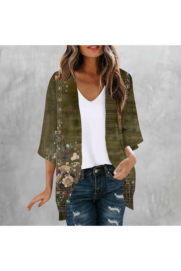 Summer Tops for Women 2026 Vintage Floral Print Open Front Blouse, Elbow Sleeve Lightweight Casual Cover Up Jacket Blouses for Women Dressy Casual