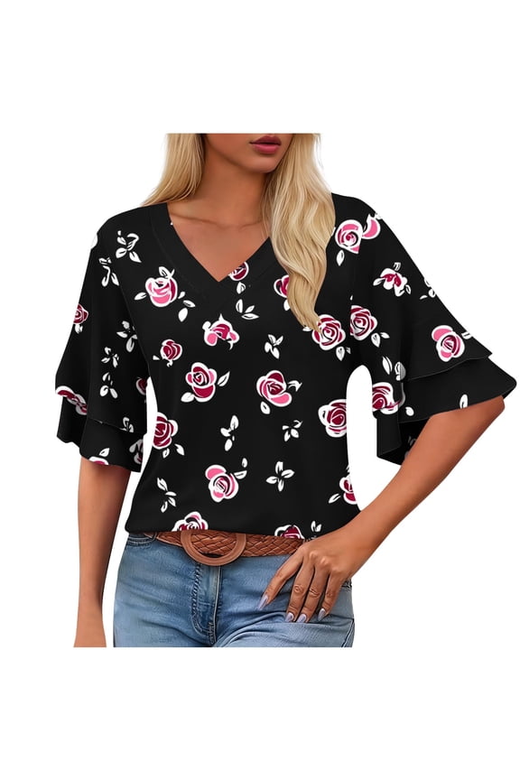 Summer Tops for Women 2026 Fashion Short Double Sleeve Casual V Neck T-Shirts Loose Floral Print Pullover for Daily Wear