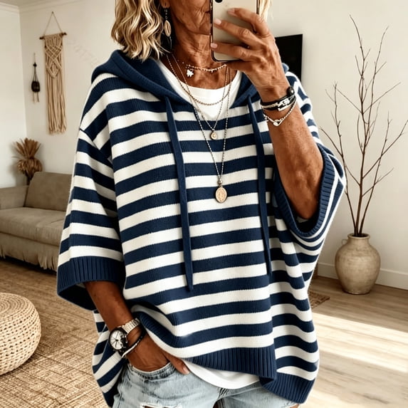 Karymi Summer Tops for Women 2026 Horizontal Striped Knit Hooded Sweater, 3/4 Short Sleeve Loose Drawstring Pullover Top Summer Tops