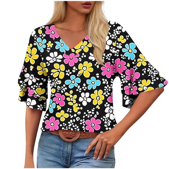 Karymi Summer Tops for Women 2026 Loose V Neck Double Sleeve T Shirts Lounge Short Sleeve Floral Print Blouse Quick Dry Tee Shirts