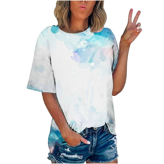 Karymi Summer Tops for Women 2026 Round Neck Short Sleeve Blouse Trendy Ombre Tee Shirts Loose Quick Dry Pullover Plus Size Tops for Women