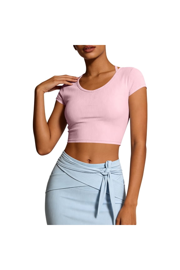 Summer Tops for Women 2026 Trendy Short Sleeve Mini Shirts Round Neck Solid Blouse Skinny Fit Crop Tops Quick Dry Athletic Pullover