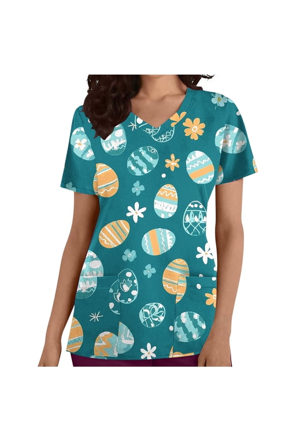 Summer Tops for Women Easter Modern Classic V Neck Scrub Shirts with Pockets Short Sleeve Tunic Pullover Egg Print Plus Size Tops for Women