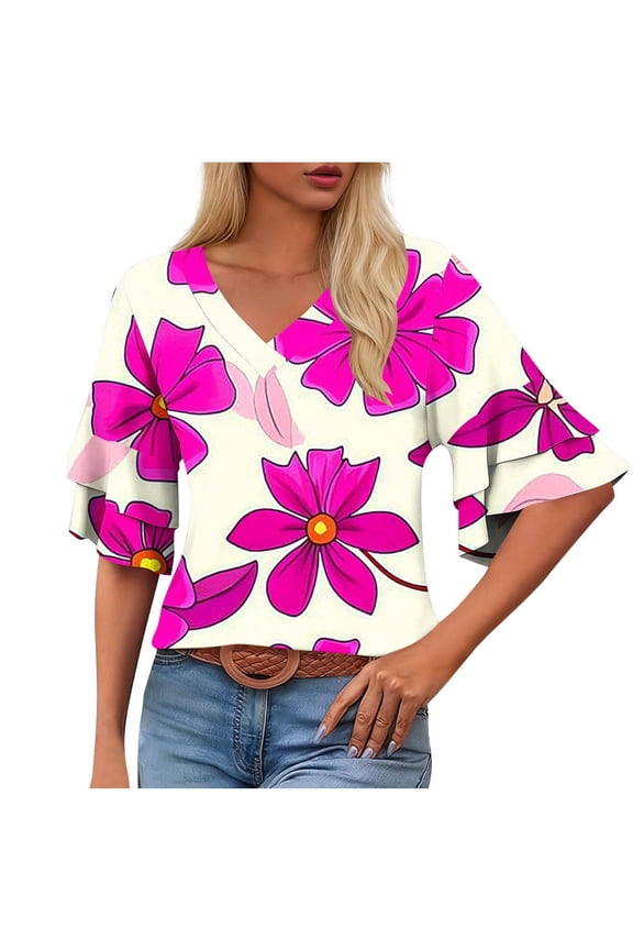 Summer Tops for Women Fashion Short Sleeve Flower Print Tops V Neck Loose Pullover Double Sleeve T Shirts Regular Fit Tops for Women