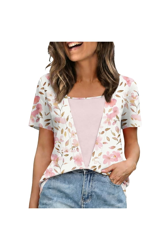 Summer Tops for Women Square Neck Casual Tops Short Sleeve Trendy Tee Shirts Loose Floral Pattern Blouse Going out Pullovers