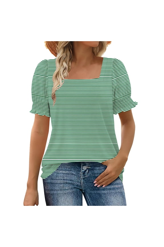 Summer Tops for Women Square Neck T Shirts Tunic Color Block Shirts Lounge Short Ruffle Sleeve Blouses Strip Print Tops Daily for Wear