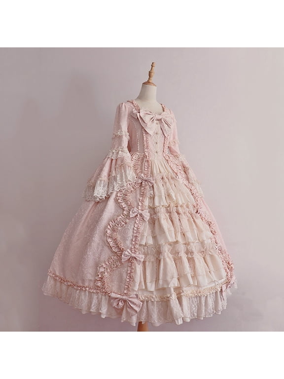 Sundress Rococo Victorian Ball Gown for Women, Sweetheart Neck Lace Bow Long Sleeve with Lace and Ruffles for Halloween Cosplay Easter Dress