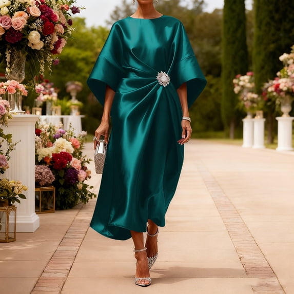 Karymi Sundress Satin Formal Midi Dress, Boat Neck Batwing Sleeve Cocktail Dress with Rhinestone Brooch Waist Detail, Asymmetrical Hem Summer Dress