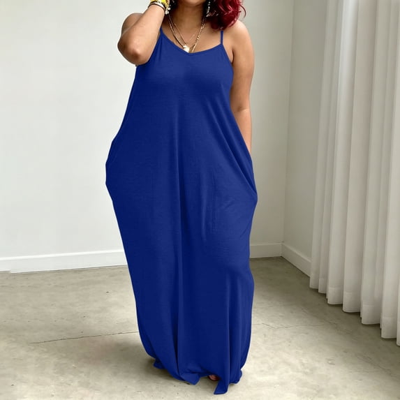Karymi Sundress Solid Color Maxi Dress, Casual V-Neck Spaghetti Strap Loose Long Dress with Side Pockets, Flowy Sleeveless Summer Cami Dress Plus Size Dresses