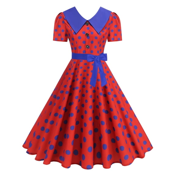 Karymi Sundress Vintage Polka Dot Swing Midi Dress, Contrast Collar Short Sleeve Button Front Self Bow Waist Retro Hepburn Party Sundress Womens Dresses
