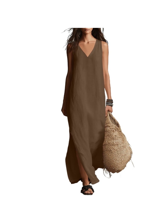 Sundresses for Women V-Neck Leisure Long Solid Tank Ankle Length Cotton Linen Fabric Skin-Friendly Women Dress Loose Minimalist Hem Split Tank Dresses