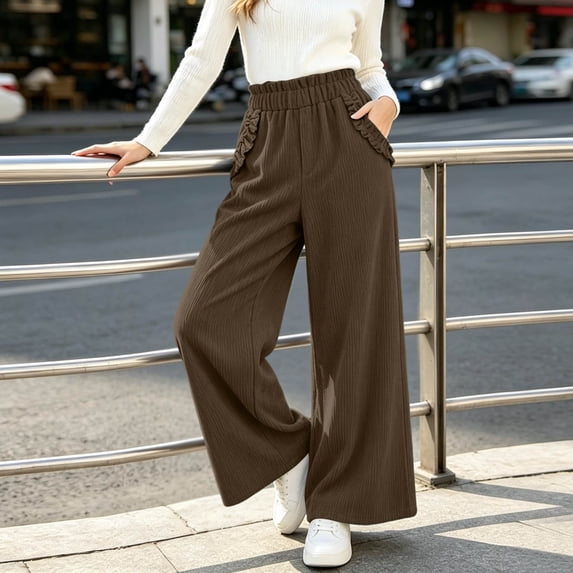 Karymi Sweatpants Women Corduroy Wide Leg Pants, Ruffled Paperbag Elastic High Waist Casual Long Trousers with Ruffle Trim Side Pockets