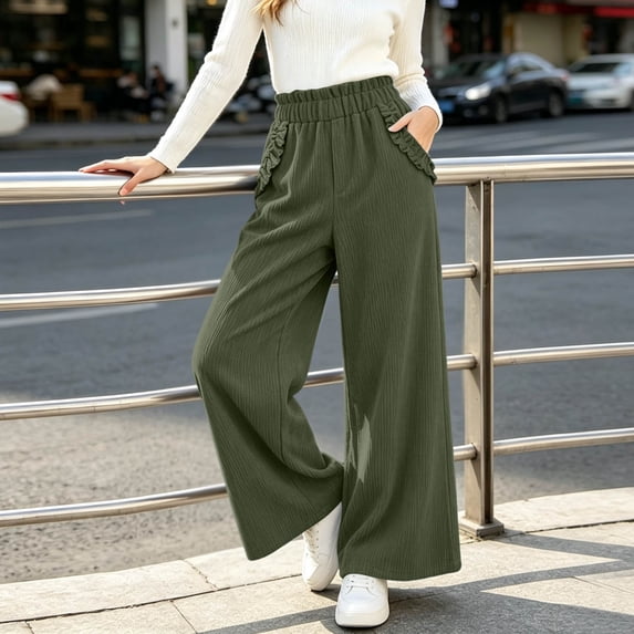 Karymi Sweatpants Women Corduroy Wide Leg Pants, Ruffled Paperbag Elastic High Waist Casual Long Trousers with Ruffle Trim Side Pockets