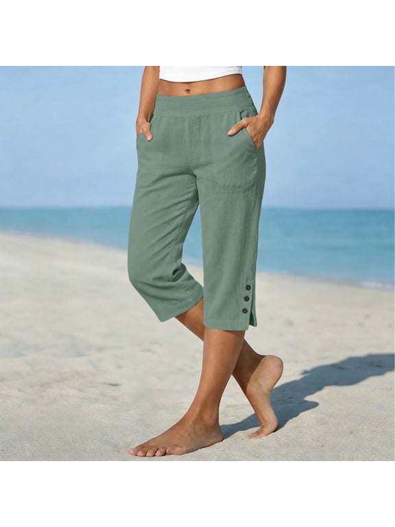 Sweatpants Women Cotton Linen Loose Straight Leg Elastic High Waist Side Slit Button Detail Capri Cropped Solid Pants with Side Pockets Jeans for Women