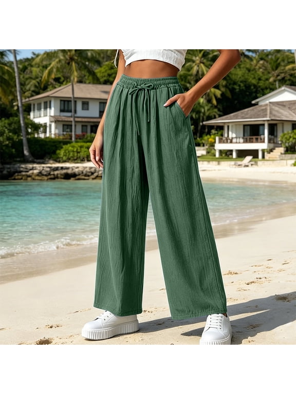 Sweatpants Women Cotton Linen Textured Elastic Drawstring High Waist Loose Wide Leg Full Length Casual Straight Solid Pants with Side Pockets Women's Clothing