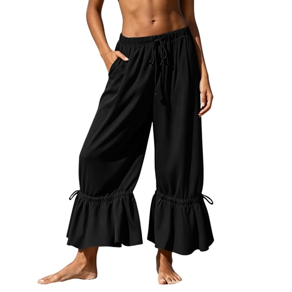 Karymi Sweatpants Women Drawstring Elastic Waist Ruffle Hem Cropped Wide Leg Beach Pants, Adjustable Tie Cuff Casual Anckle Trousers with Side Pockets Sweatpants Women