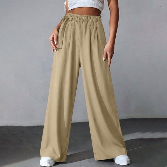 Karymi Sweatpants Women Elastic High Waist Side Tie Wide Leg Palazzo Pants, Solid Pleated Front Trousers with Deep Side Pockets, Relaxed Flowy Pants Summer Outfits