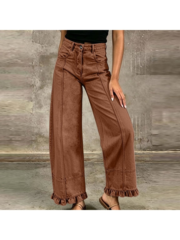 Sweatpants Women High Waist Wide Leg Jeans, Light Wash Denim Pants with Stitch Panel and Ruffle Hem, Casual Cropped Barrel Trousers with Pockets Jean Shorts Womens