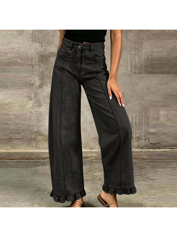 High Waist Wide Leg Jeans for Women with Stitch Panel and Ruffle Hem, Casual Cropped Barrel Trousers with Pockets