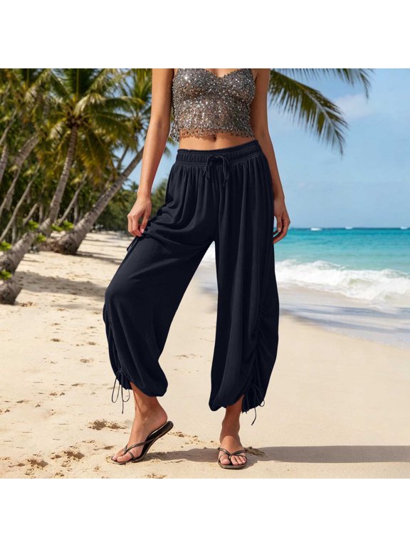 Sweatpants Women Solid Drawstring Ruched Harem Pants, Casual Elastic High Waist Loose Lantern Pants, Adjustable Cinched Ankle Trousers Capri Pants for Women