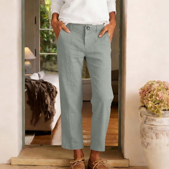 Karymi Sweatpants Women Solid Fake Linen Mid Rise Button Zip Fly Slim Straight Leg Cropped Ankle Length Casual Trouser Pants with Front Slant Pockets Capri Pants for Women