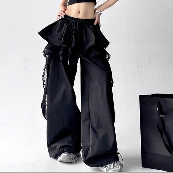 Karymi Sweatpants Women Solid Layered Ruffle Skirt Overlay Cargo Pants, Lace Spliced Side Decor, Drawstring Cuffed Ankle Hem Streetwear Pants With Pockets Linen Pants Women