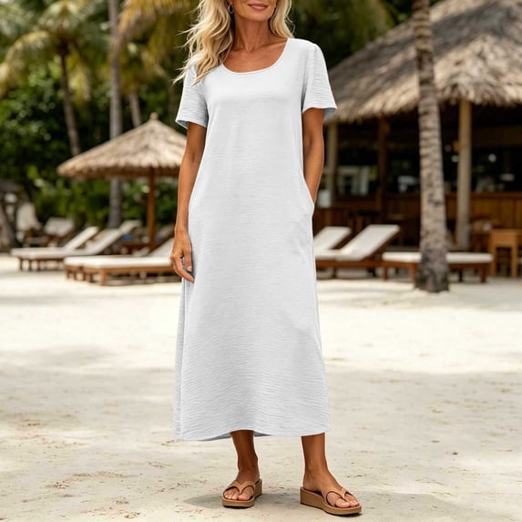 Karymi T-Shirt Maxi Dress, Round Neck Short Sleeve Loose Shift Dress with Pockets, Solid Summer Flowy Beach Vacation Dress Plus Size Dresses