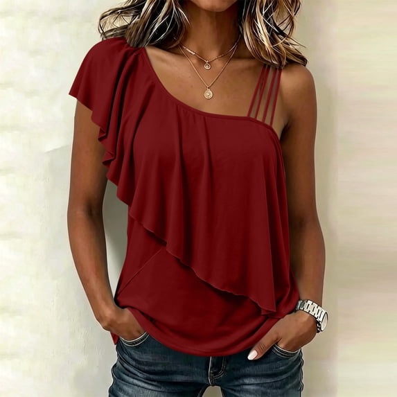 Karymi T Shirts for Women Asymmetrical One Shoulder Ruffle Solid Tank Top, Multi Thin Spaghetti Strap Sleeveless Blouse, Flounce Layered Irregular Neck Tops Womens T Shirts