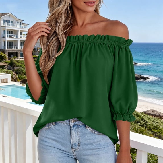 Karymi T Shirts for Women Off Shoulder Ruffle Elastic Neck Elbow Puff Sleeve Blouse, Solid Flowy Casual Pullover Top, Lightweight Summer Shirt Summer Tops for Women 2026