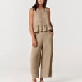 thumbnail image 1 of Karymi Tops for Women Trendy 2 Piece Outfit, Round Neck Sleeveless Ruffle Hem Crop Tank Top & High Waist Wide Leg Cropped Pants, Solid Casual Set Womens Workout Tops, 1 of 8