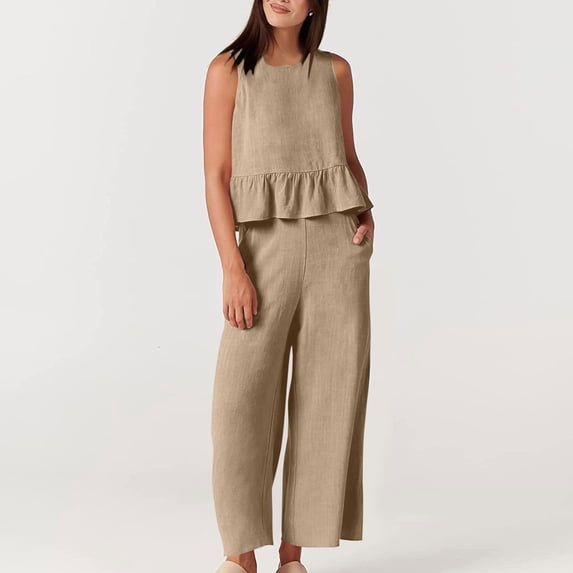 Karymi Tops for Women Trendy 2 Piece Outfit, Round Neck Sleeveless Ruffle Hem Crop Tank Top & High Waist Wide Leg Cropped Pants, Solid Casual Set Womens Workout Tops