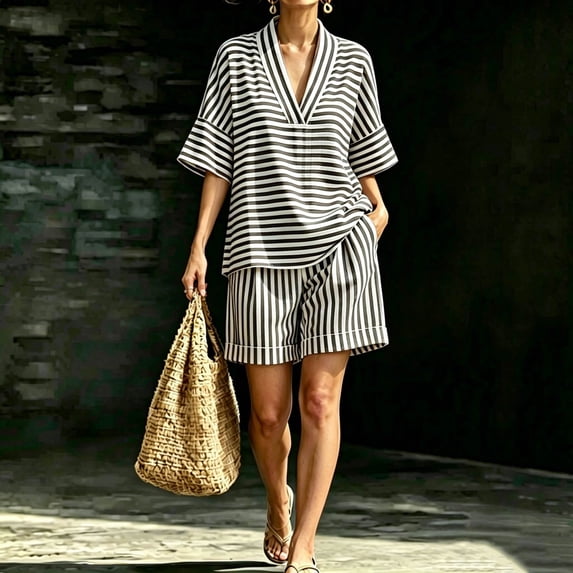 Karymi Tops for Women Trendy 2-Piece Striped Set, V-Neck Elbow Sleeve Loose Top + Elastic Waist Rolled Shorts, Casual Summer Loungewear & Beach Outfit Womens Tops Dressy Casual
