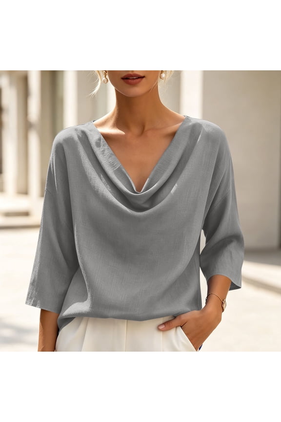 Tops for Women Trendy Cowl Draped Neck 3/4 Dolman Sleeve Breathable Linen‑Blend Crinkled Blouse, Solid Casual Top for Daily Party Office Shirts for Women